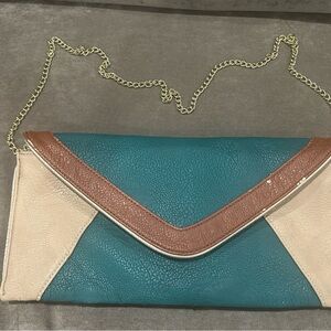 Teal Tricolor Envelope Crossbody Clutch with Gold Chain